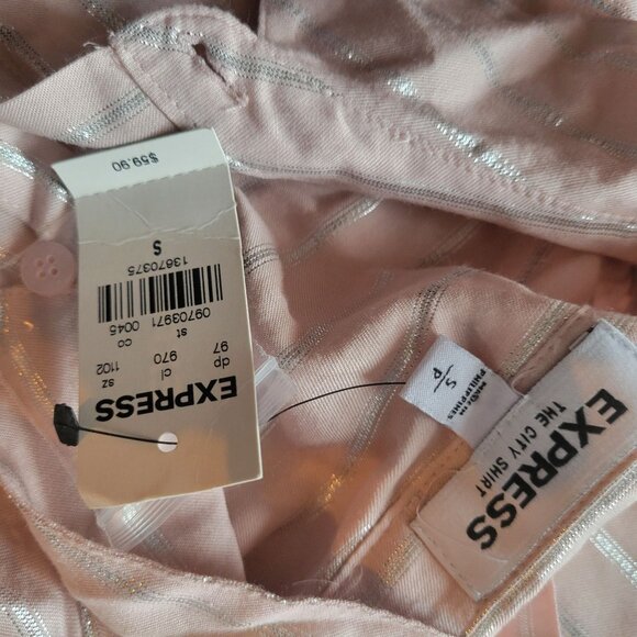 Light Pink Express Womens Button-Up Shirt W/ Silver Stripes & Roll-Tab Sleeves - Picture 3 of 7